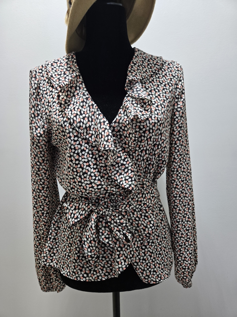 Max Studio Black Top with Pink & Cream Leaf Pattern